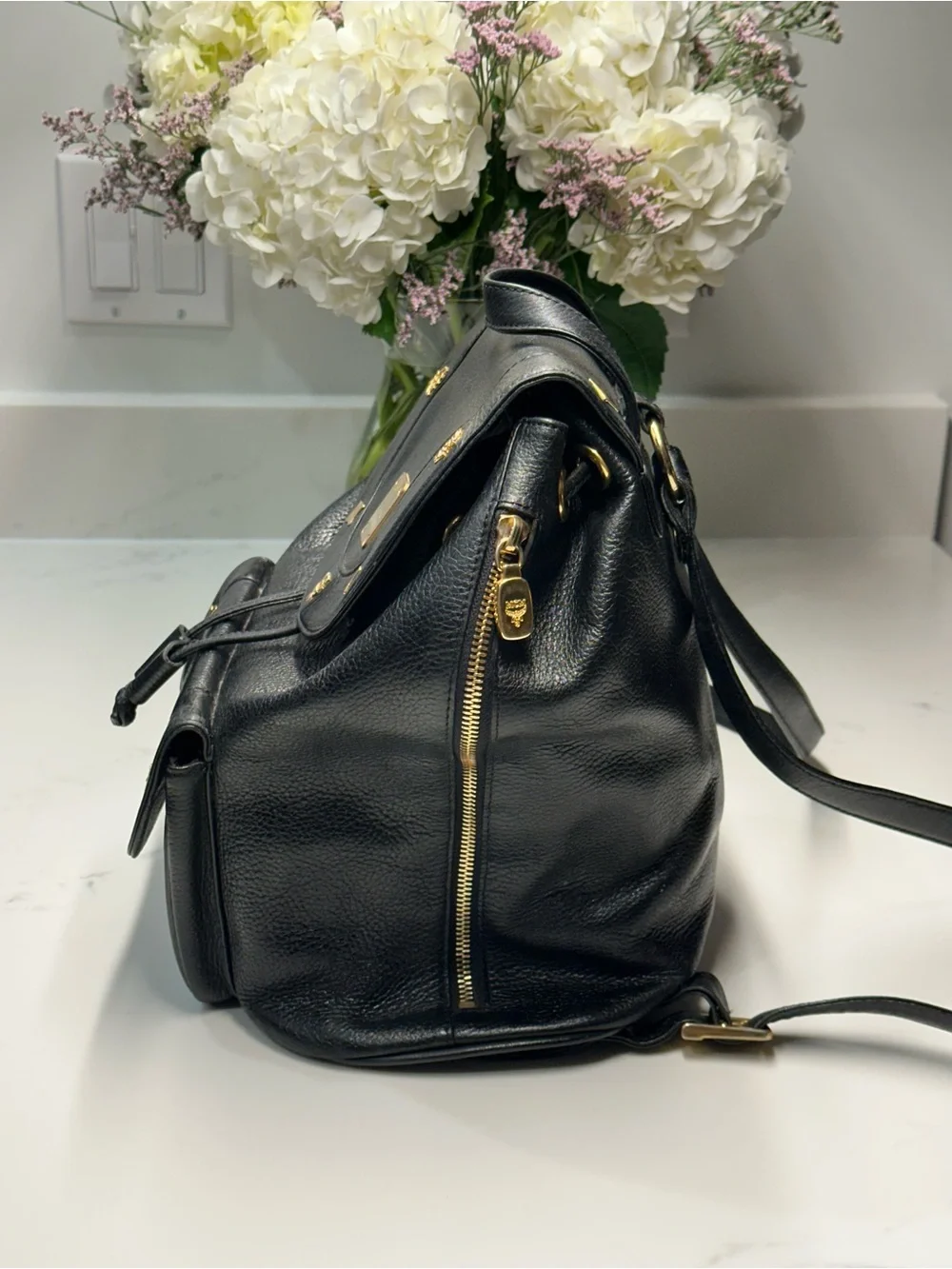 MCM Black Leather Mini Backpack - Gold Hardware